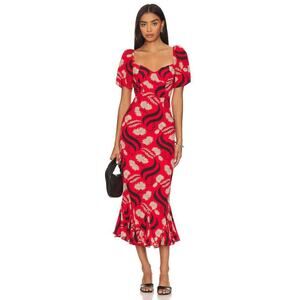 RHODE Red Black & Cream Floral Wave Midi Dress